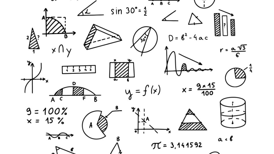 Matemáticas, fondo de geometría. Fórmulas, formas y gráficos. 