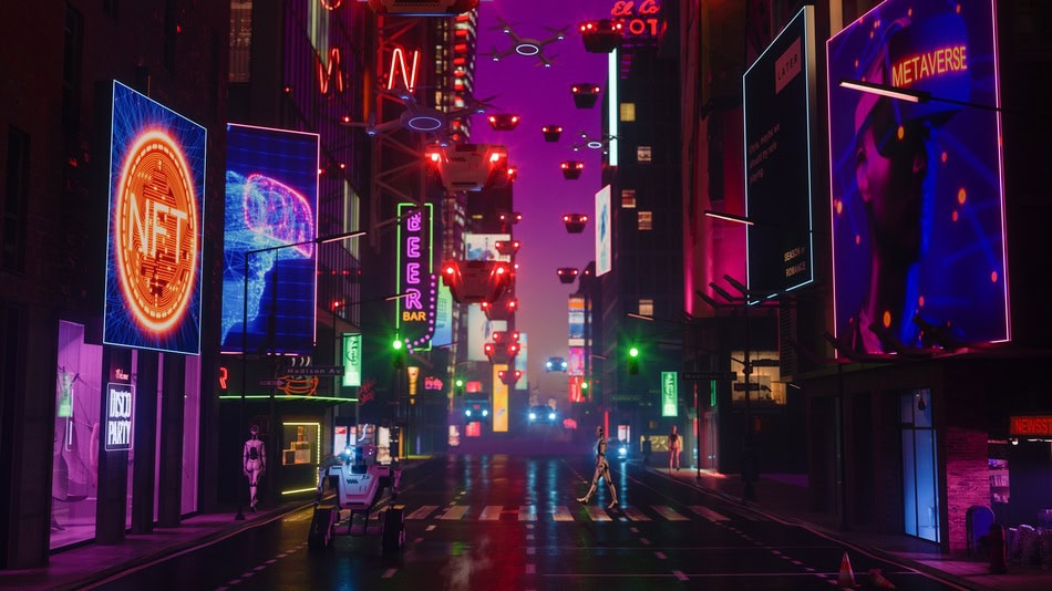 opciones de ia Metaverso de estilo cyberpunk ciudad con robots caminando por la calle