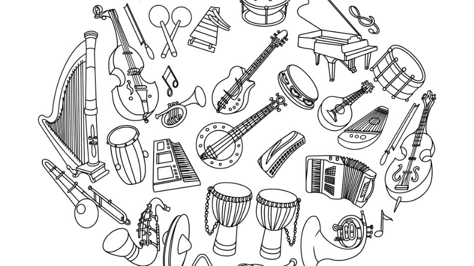 Dibujo de instrumentos musicales que forman la armonía musical.